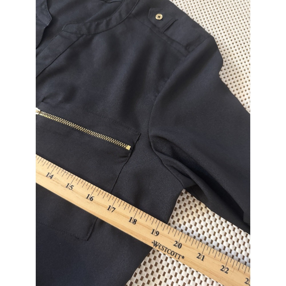 Calvin Klein Zip Pocket Blouse Sz M Button Front Career Office Roll Tab Sleeve - Picture 10 of 13